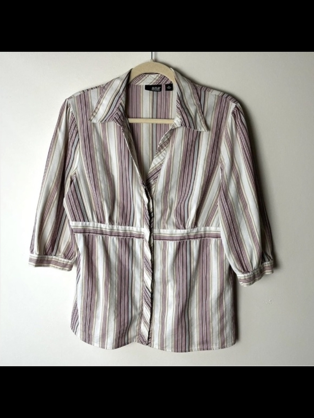 a.n.a Striped Button Front Blouse Large 3/4 Sleeve Career Top